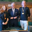 MP Mark Garnier meets Pulsar Fusion team members Richard Dinan, right, and Dr Bilge Kacmaz following the company's announcement of news of its first In-Orbit Demonstration next year