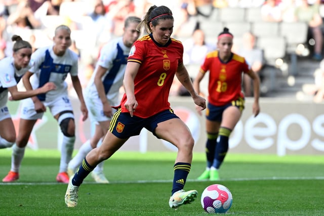 Spain's midfielder Mariona Caldentey scores their fourth goal from the penalty spot