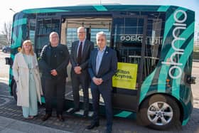 Growth Arc chamption Lord Patrick Vallance tried out one of the new driverless shuttle buses in Milton Keynes city centre