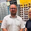 Blind tennis player Sarah Fortescue with Specsavers Milton Keynes director, Steve Moore
