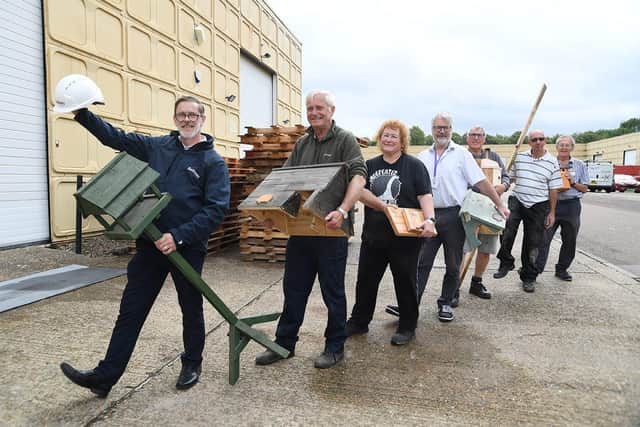(L-R) Bellway's Rob Morcombe &amp; Men in Sheds MK volunteers David, Vicky, Stephen, John, Paul and Crad