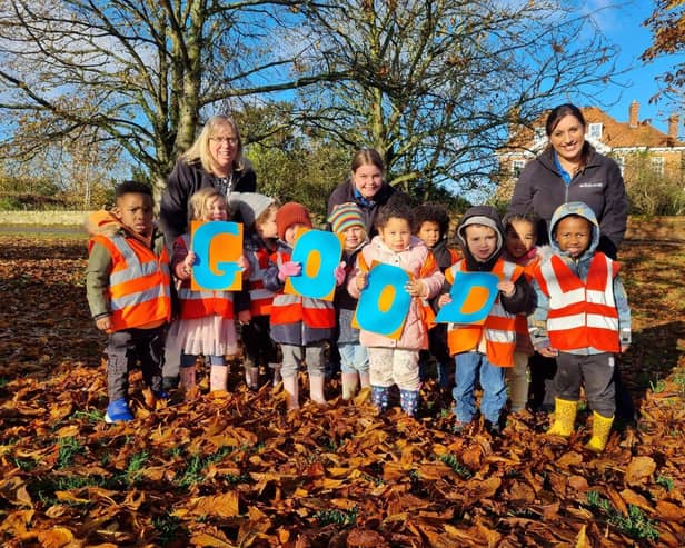 The Head Start Day Nursery &amp; Preschool team and children celebrating their ‘Good’ Ofsted rating 