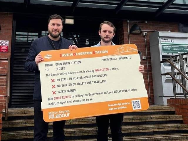 Milton Keynes City Council Leader Councillor Pete Marland and Labour candidate Chris Curtis at Wolverton station