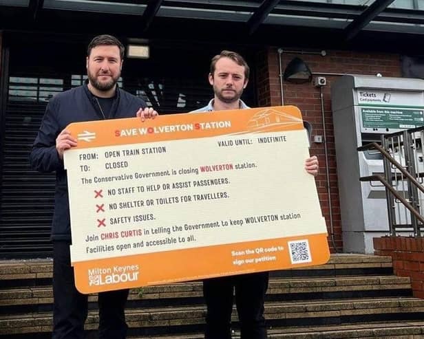 Milton Keynes City Council Leader Councillor Pete Marland and Labour candidate Chris Curtis at Wolverton station