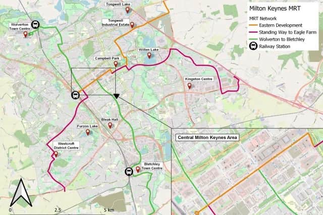 The map of the proposed tram routes in Milton Keynes