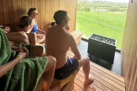 The sauna overlooks the countryside.