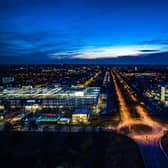 A drone's eye view of Central  Milton Keynes after dark