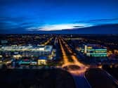 A drone's eye view of Central  Milton Keynes after dark