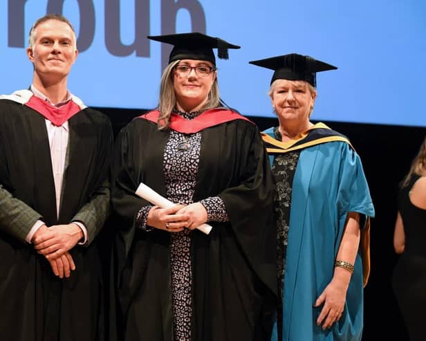 From left, Jason Mansell, MK College Director, Offender Learning, Kayleigh Southern and Sally Alexander, college chief executive and Group Principal