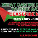 Milton Keynes Peace and Justice Network is urging people to attend the meeting tonight and the national demonstration on Saturday to demand a ceasefire in Gaza