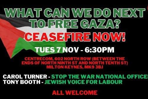 Milton Keynes Peace and Justice Network is urging people to attend the meeting tonight and the national demonstration on Saturday to demand a ceasefire in Gaza