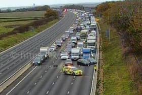 The M1 was closed between Junction 14 and 15. Photo: Motorway Cameras.