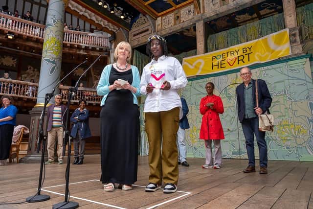 Laurissa with poet judge Jean Sprackland onstage at Shakespeare's Globe at the Grand Finale of Poetry By Heart.