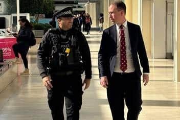 Police and Crime Commissioner Matthew Barber, pictured with officers in Milton Keynes, has called on the Government to increase funding for the Ministry of Justice in its spending review