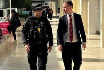 Police and Crime Commissioner Matthew Barber, pictured with officers in Milton Keynes, has called on the Government to increase funding for the Ministry of Justice in its spending review