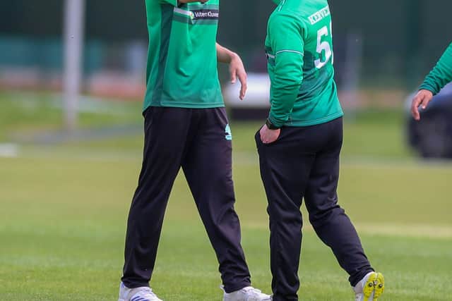 Ed Bragg celebrates five-wicket-haul with Captain Alexei Kervezee (picture: Andy Bone - Sports Shots)