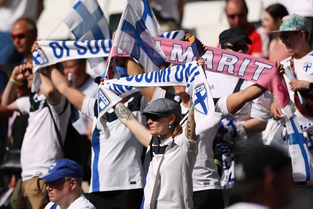 Finland fans show their support prior to the UEFA Women's Euro 2022 group B match between Spain and Finland