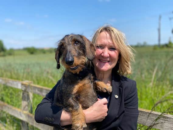 Medical Detection Dogs CEO, Dr Claire Guest, and Bio Detection Dog in training, Iggy