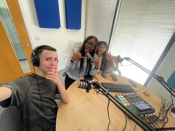 Podcast host with first guest Adeola