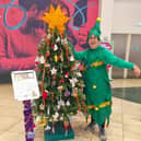 Jane Hammonds, who will be running the |MK Winter Hal Marathon dressed as a Christmas tree, is pictured alongside her Memory  Xmas Tree at Midsummer Place
