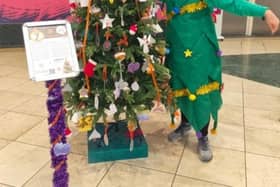 Jane Hammonds, who will be running the |MK Winter Hal Marathon dressed as a Christmas tree, is pictured alongside her Memory  Xmas Tree at Midsummer Place