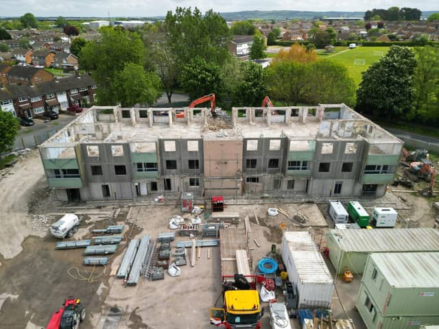A drone photo shows what is left of Mellish Court  tower block in Bletchley