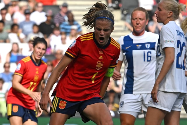 Spain's defender Irene Paredes celebrates after scoring their first goal during