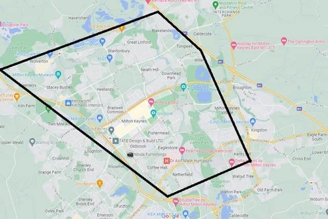 The Section 60 give police extra powers to search people in the areas of Milton Keynes shown on the map