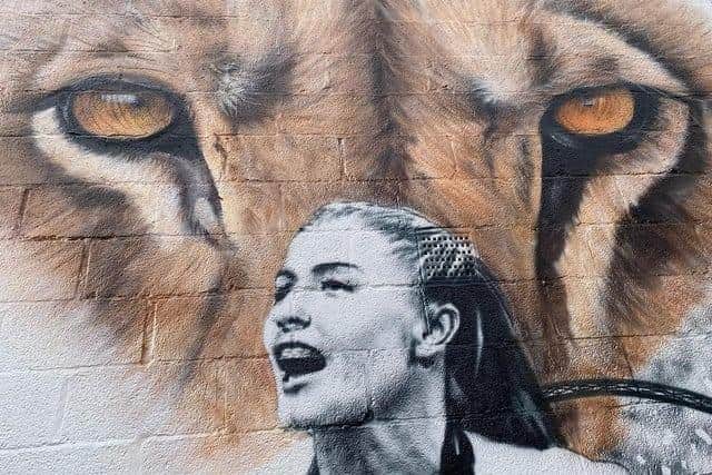 One wall showed Leah's face over a lioness. Now that has been painted over.