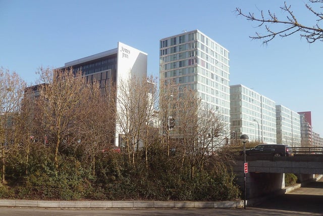One of the the first departures from the 'no taller than the tallest tree' ethos was The Hub development, which set a precedent for future high rise blocks in Milton Keynes when it was built in 2007. As part of a redevelopment of the Central Business Exchange, the project comprised five mixed-use blocks of ten to 14 storeys, containing a total of more than 400 flats.