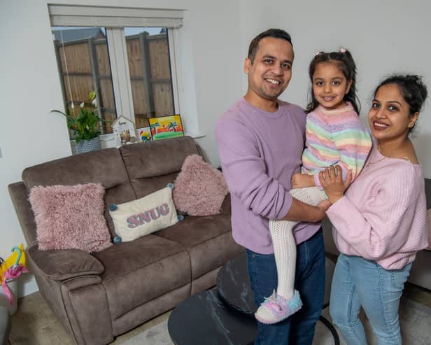 Vivek Bhardwaj and Shagun Garg, pictured with their daughter Aarika, bought a new home at Tattenhoe Park in Milton Keynes with a £20,500 contribution from Bellway.