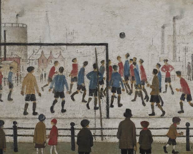 2. L.S. Lowry, A Football Match (1932). Oil on panel, Private Collection, © The Estate of L.S. Lowry. All Rights Reserved, DACS 2026. Photograph courtesy Crane Kalman Gallery, London