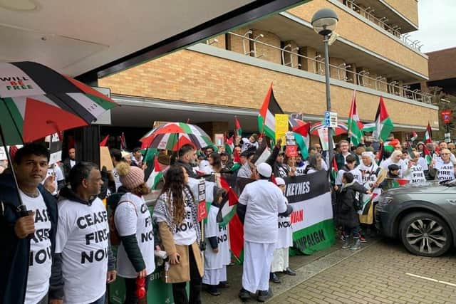 Residents gathered outside Milton Keynes City Council offices calling on councillors to pass ceasefire motion on Palestine