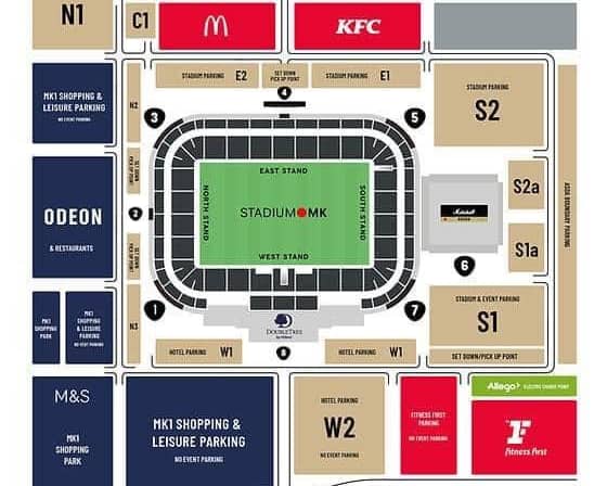 The blue areas are free parking and the brown areas are paid parking at MK1