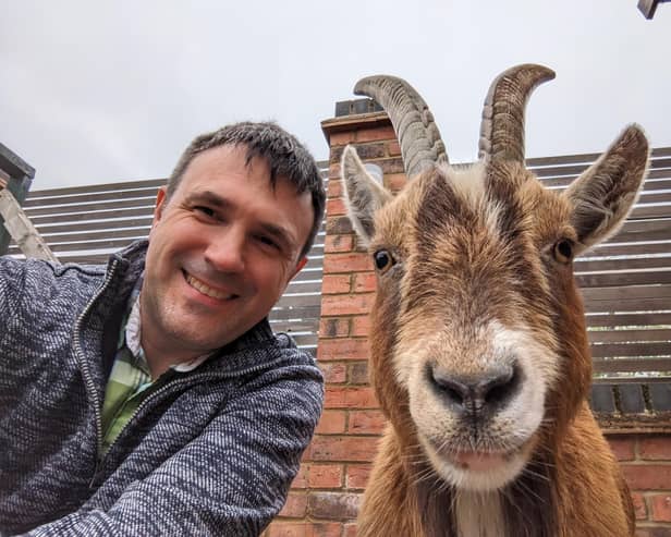 David takes Boo the goat out on lead every day for walks around Milton Keynes