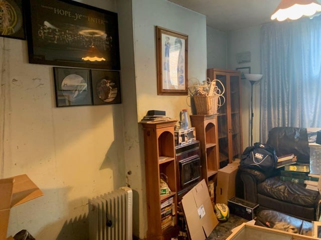 The fireplace area in the living room