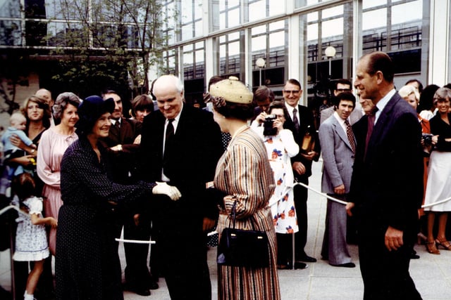 The Queen and her husband Prince Philip visit the centre:mk shopping building on 27 June 1979. Here Lord Campbell is being presented to Her Majesty. Photo: Living Archive MK