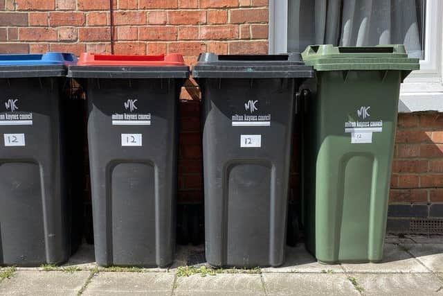 The coloured recycling bins are collected on alternate weeks in Milton Keynes