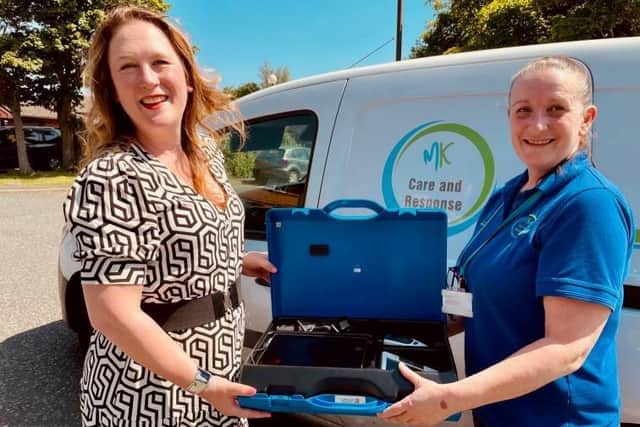Cllr Emily Darlington, Cabinet member for Adults, Housing and Healthy Communities, and Beverley Hawkins from the City Council’s Care and Response service demonstrate the new blue box