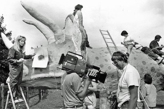 The famous Peartree Bridge dinosaur pictured being built by Bill Billings and local children