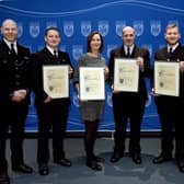 Chief Inspector Euan Livingstone, who nominated the team, PC Joe Swan, DC Serena Bellis, Sgt Tom Neilson, Sgt Chris Smith and Chief Constable Jason Hogg. Image submitted.