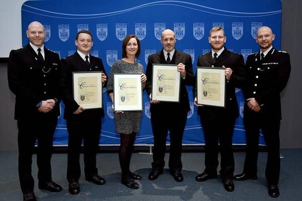 Chief Inspector Euan Livingstone, who nominated the team, PC Joe Swan, DC Serena Bellis, Sgt Tom Neilson, Sgt Chris Smith and Chief Constable Jason Hogg. Image submitted.