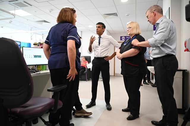 Prime Minister Rishi Sunak speaks to staff and patients during a visit to Milton Keynes University Hospital on August 15, 2023 in Milton Keynes, England. (Photo by Leon Neal - WPA Pool/Getty Images)