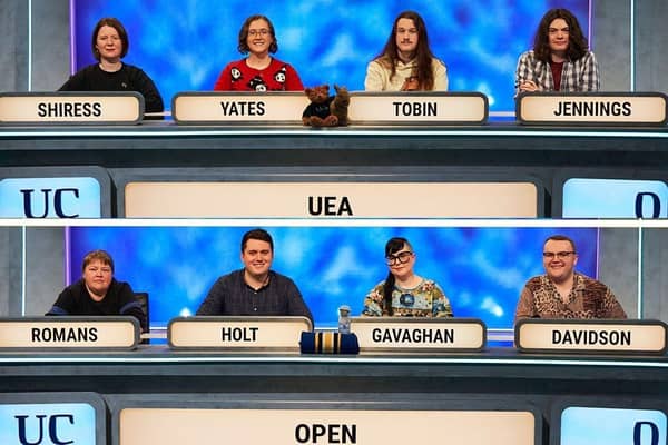 The OU team from Milton Keynes pictured competing in an earlier round of University Challenge