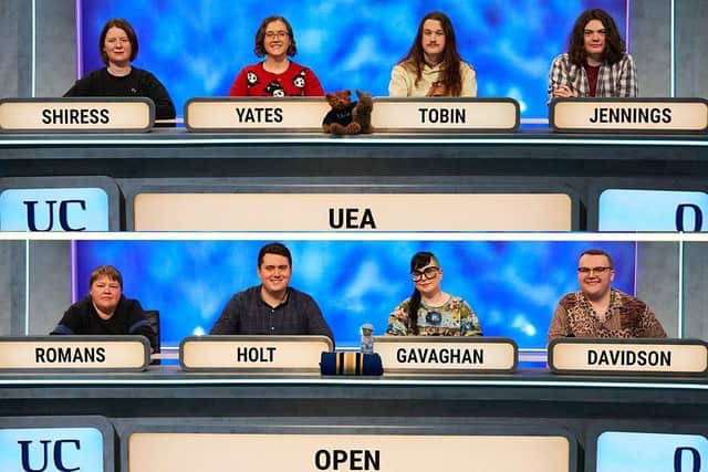 The OU team from Milton Keynes pictured competing in an earlier round of University Challenge