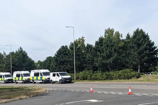 Police riot vans swooped on the illegal travellers camp at Oakgrove School