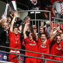MK Dons lifted the Johnstones Paint Trophy after beating Grimsby Town at Wembley Stadium on March 30, 2008.
