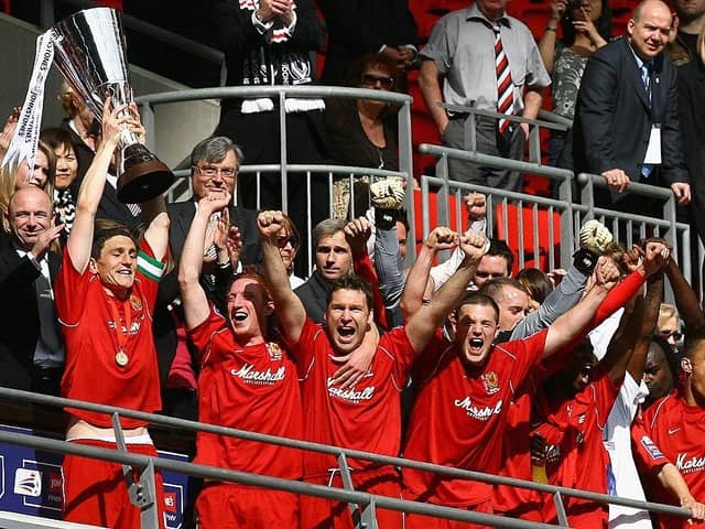 MK Dons lifted the Johnstones Paint Trophy after beating Grimsby Town at Wembley Stadium on March 30, 2008.