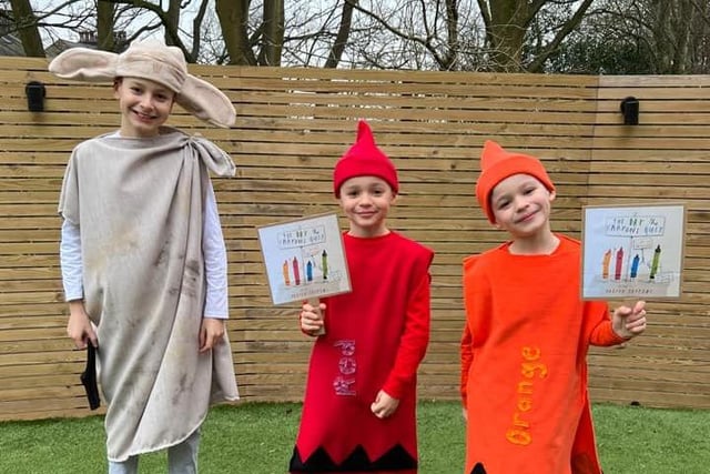 World Book Day 48. Louie as Dobby the House Elf in Harry Potter and Hugo and Nico as Red and Orange Crayon from The Day the Crayons Quit.