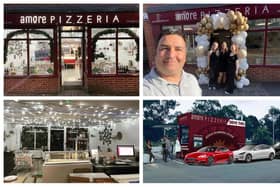 Images clockwise from top left: Amore Pizzeria; Paulo at the 2022 reopening after lockdown; Paulo's drive-through concept; inside Amore Pizzeria. Images: Amore Pizzeria.